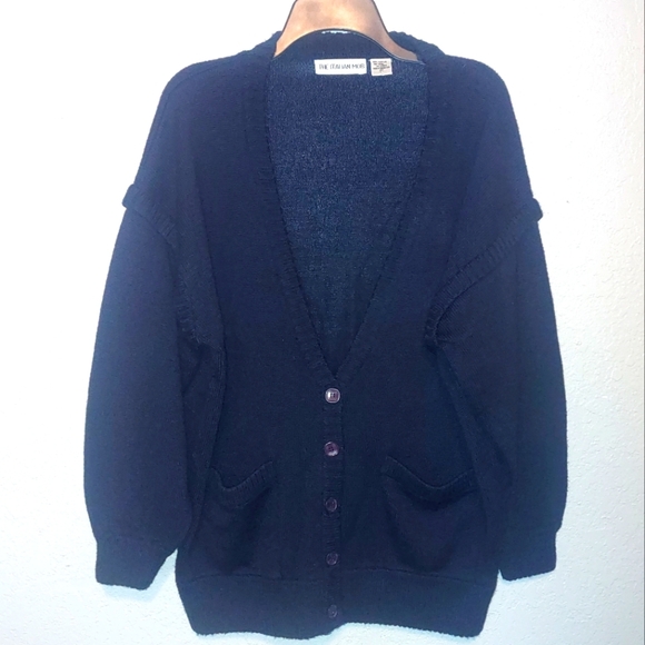 Italian Mob Cardigan Sweater Blue Wool Blend Pockets Large - Picture 1 of 5